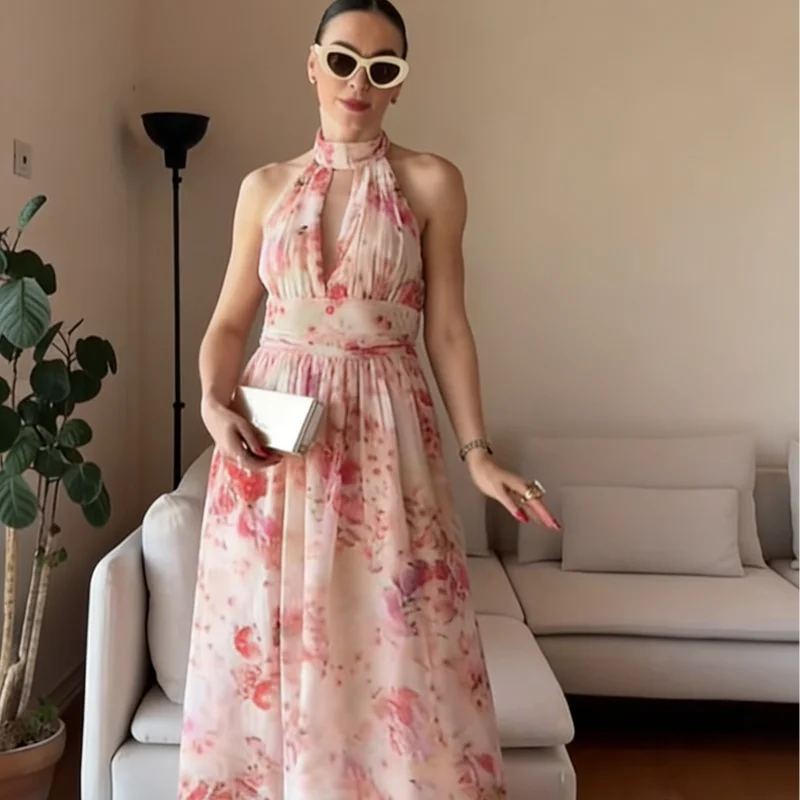 Floral Print Halter Maxi Dress Women Spring V Neck A Line Vacation Vestidos Backless Sleeveless Robes 2026 NEW Lady Long Dresses