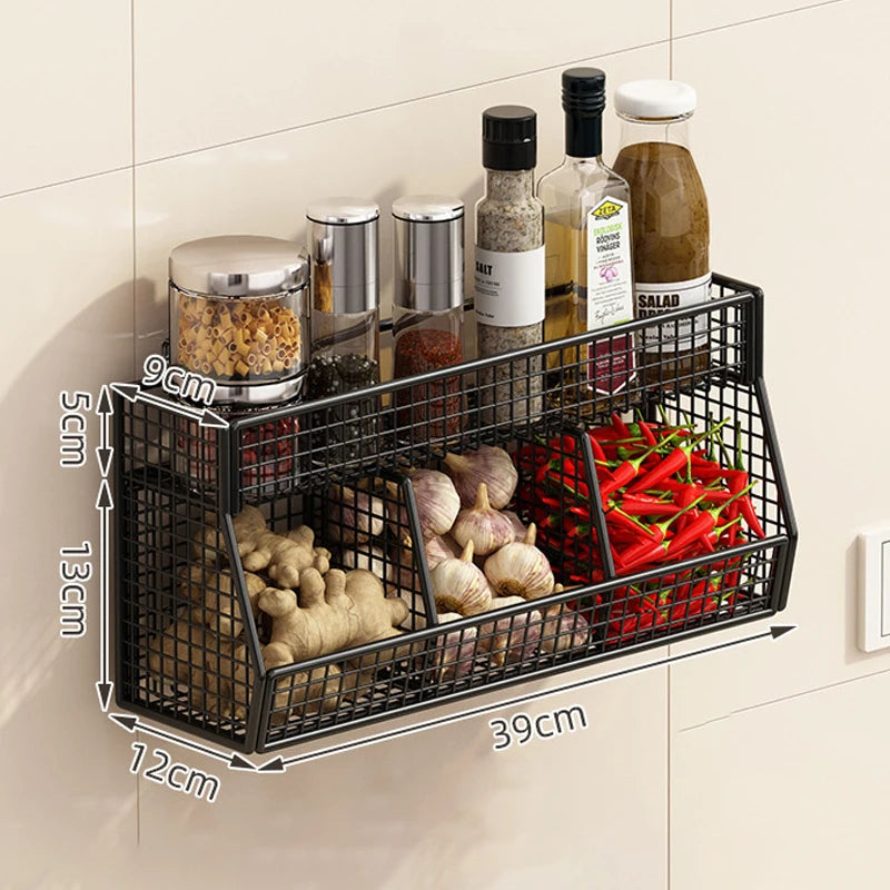 Kitchen Storage Rack with Three Compartments Screwless Wall-Mounted Multi-Functional Kitchen Storage Item for Household Use