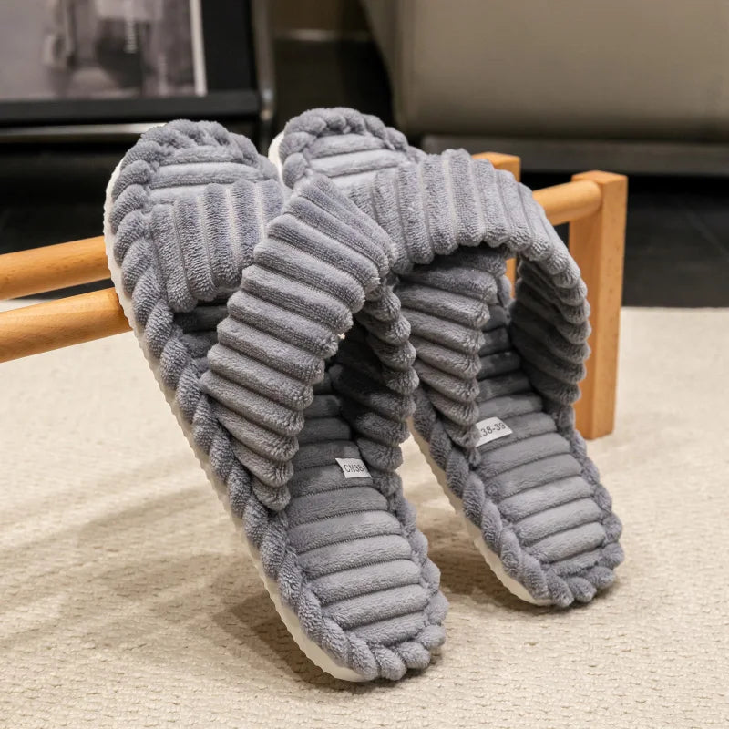 Fashion Corduroy Cross Band Open Toe Home Slippers Women Autumn Winter Warm Plush Slides Ladies Bedroom Soft Sole Slippers