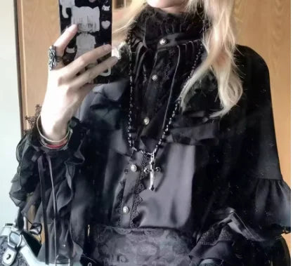 Gothic Style Silver Shirt Spring and Autumn New Bat Sleeve Loose Long Sleeve Shirts Lolita Court Style Women's Camisas Top Y2k