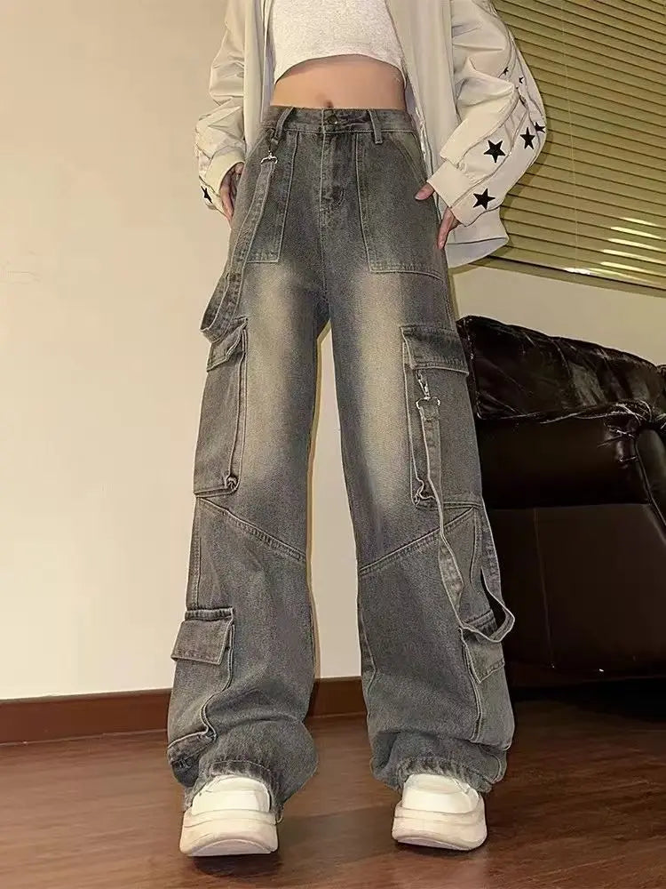 American Vintage Washed Multi-Pocket Cargo Jeans for Women High Waist Streetwear Loose Wide Leg Trendy Designer Denim Trousers