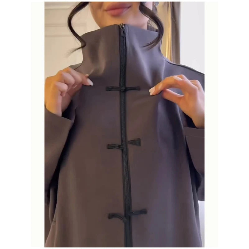 Coffee Tang Suit Two Piece Set Mandarin Collar Frog Button Top Wide Leg Cropped Pants Sets Lady Chic Retro Oriental Daily Wear