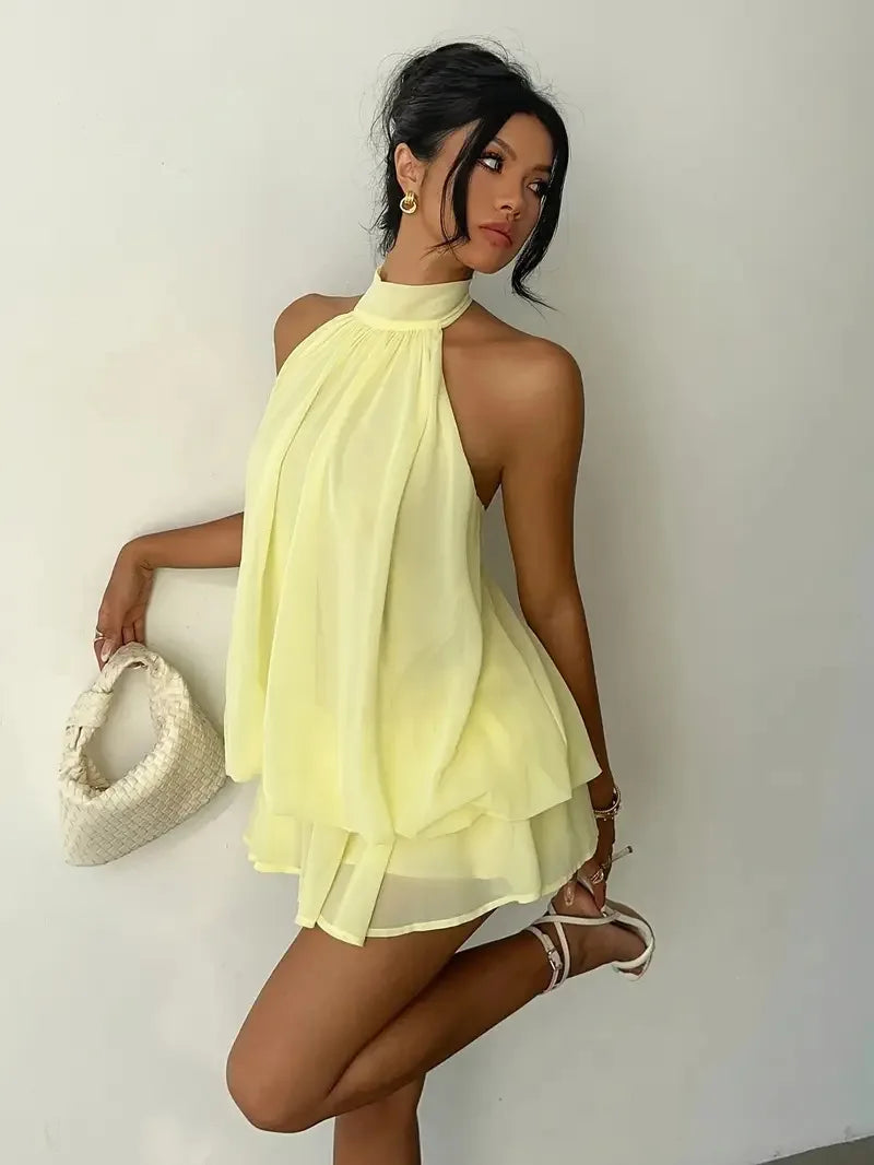 Women Halter Neck Backless Tie Mini Dress Summer Sleeveless Chiffon Ruffle Short Dresses Sexy Club Party Beach Vacation Outfit