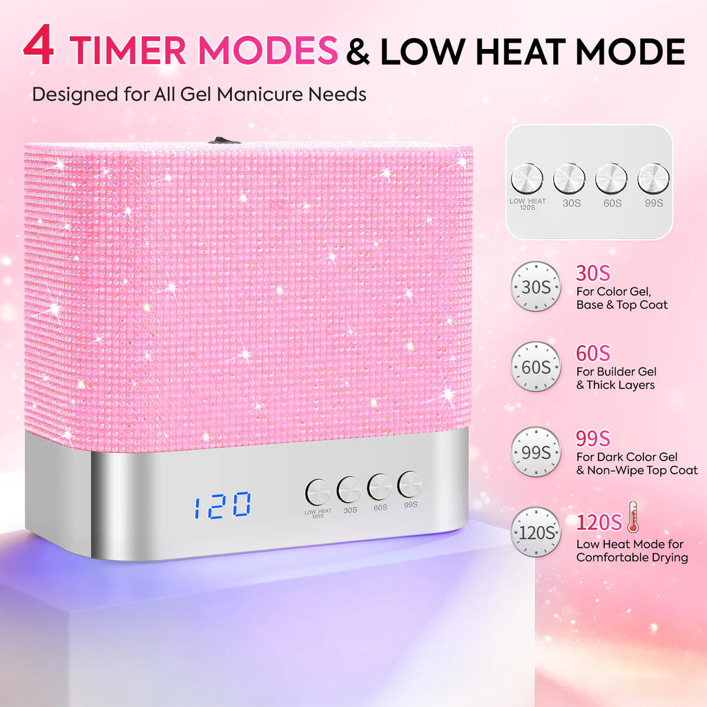 Rhinestone UV LED Nail Lamp 36 LEDs, Auto Sensor, Low Heat Mode, 4 Timer Options, Mirror Base Nail Dryer