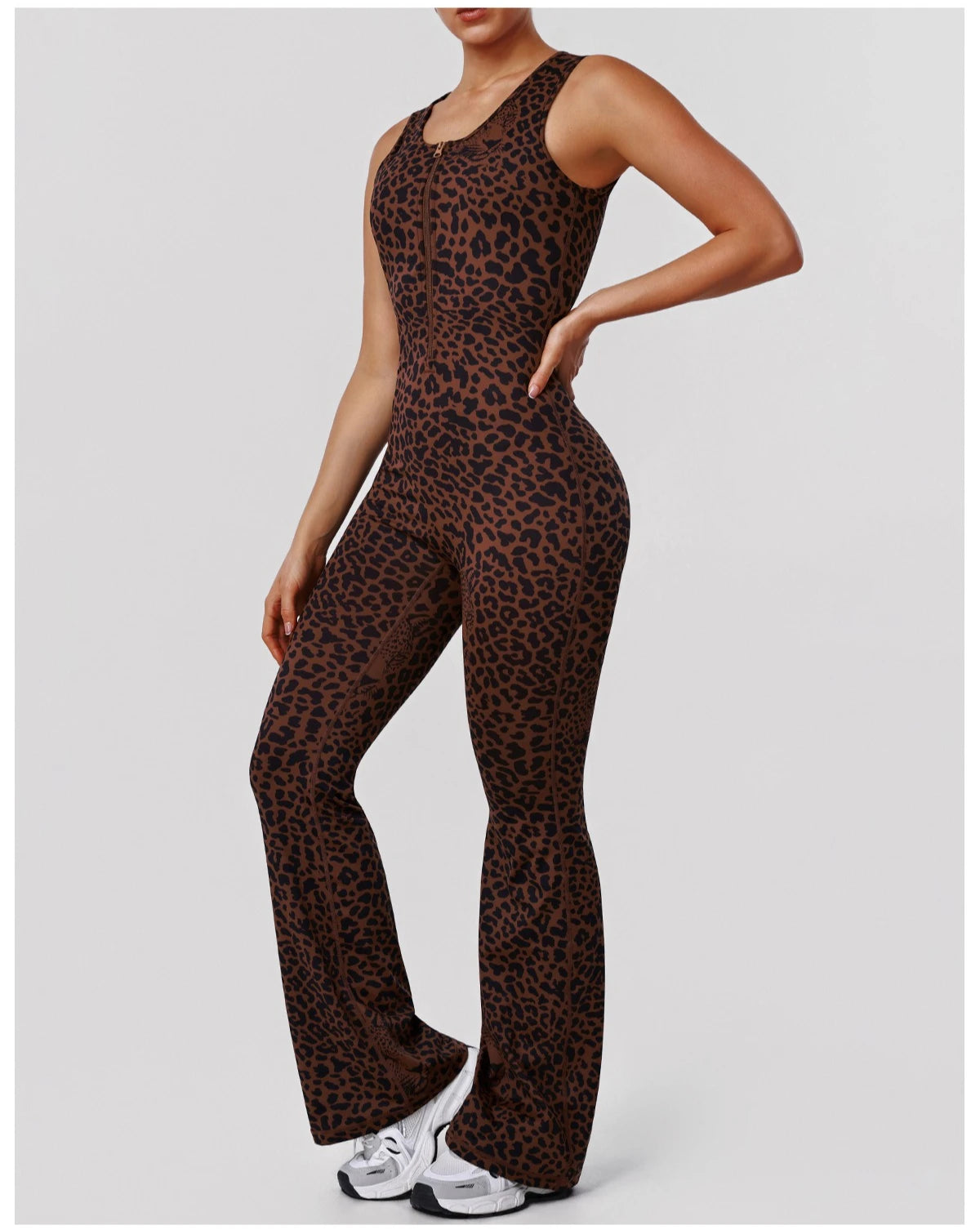 Sexy Hollow Backless Sport Flare Legging Jumpsuit Scrunch Butt Women Clothing Fashion Leopard Sleeveless Zipper Fitness Overalls
