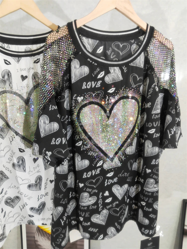 Fashion Brand Tshirts Heavy Industry High Temperature Rhinestone Love Cartoon Summer New Short Sleeve T-shirt Chiffon  Tees Tops