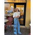 Women Blue Wide Leg Jeans Lady High Waist Star Patchwork Denim Pants Loose Fit Straight Leg Trousers 2026 New Casual Street Wear