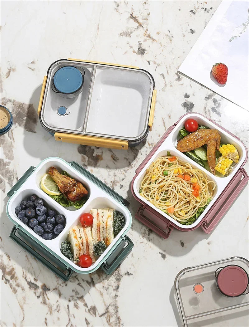 850ML Lunch Box with Tableware Sauce Box Portable Plastic Compartment Bento Box for Kids Food Storage Container Microwavable