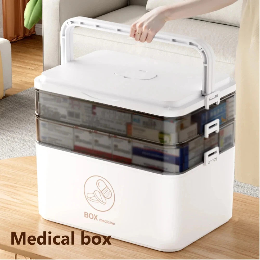 Large Capacity Multi Layer Transparent First Aid Medicine Storage Box Secure Snap Buckle Dustproof Household Emergency Drug Organizer Detachable Compartment Medical Supply Container For Family Home Office Car Travel Camping O