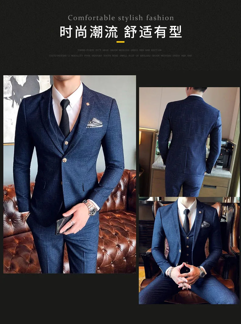 S-7XL ( Blazer + Vest + Pants ) Striped Plaid Solid Color Mens Formal Business Suit 3Pcs Set Groom Wedding Social Show Dress