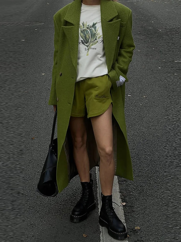 Women Olive Green Oversized Coat Notched Lapel Double Breasted Straight Outerwear Vintage Fall Winter Daily 2026 Office Outfit