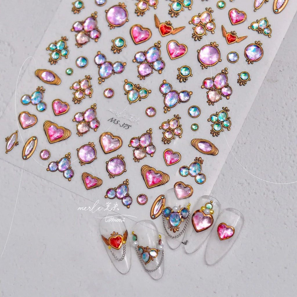 5D Gradient Love Gem Glitter Love Heart Colorful Cat's Eye Rhinestone Soft Self Adhesive Nail Art Stickers Shiny Manicure Decals