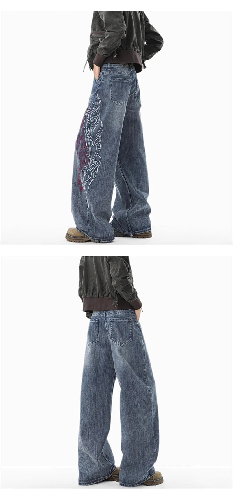 New Y2K Flame Embroidered Streetwear Flared Jeans For Man Hip Hop Fashion Straight Baggy Denim Pants Harajuku Streetwear Jean