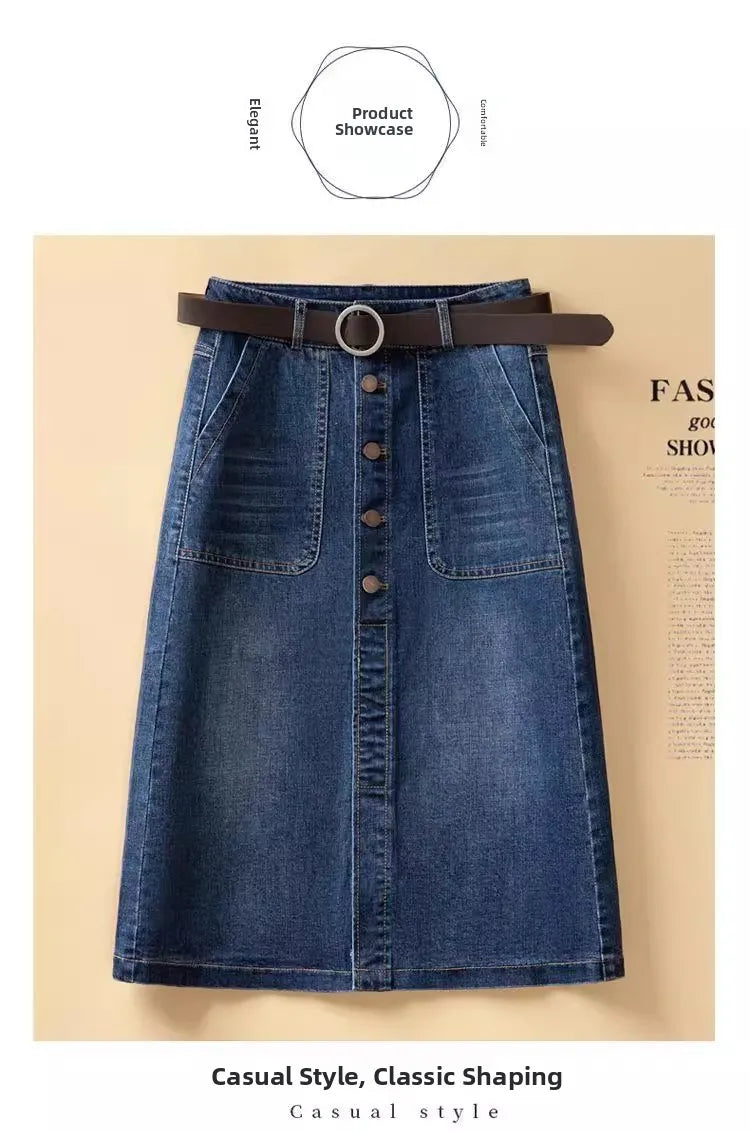 High Waist Washed Cotton Denim Skirt Mid-Length A-Line Women's Skirt Spring Summer New Style Casual Pure Color Button Design