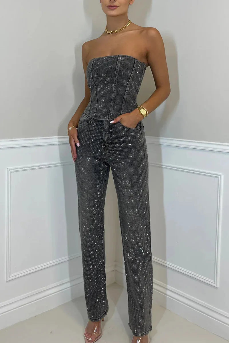 Denim Pant Set Women Two Piece Sets Sexy Strapless Sleeveless Tops Long Pants High Waist Y2k Streetwear Elegant Work 2026
