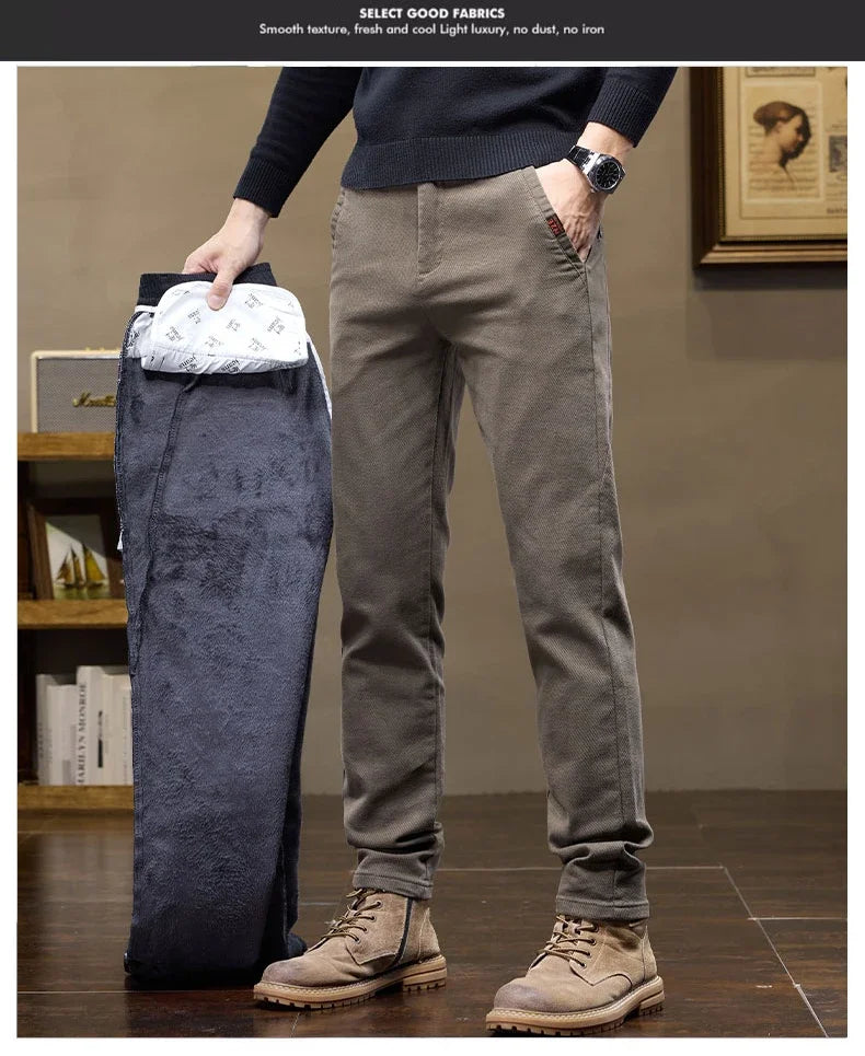 Korean Fashion Fleece Men's Casual Pants Slim Straight Youth Warm Trousers Thickened Thermal Stretch Male Clothes Trendy Brand