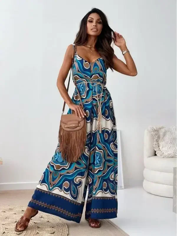 Pop Fashion Elegant V-neck High Waist Jumpsuit Women's Pattern Print Loose Long Romper Causal Sleeveless Wide Leg Playsuit Women