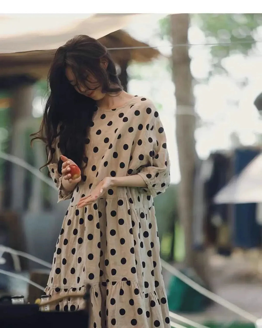 Fashion Retro Cotton and Linen Polka Dot Dress for Women Loose Slim Puff Sleeve Linen Doll Skirt