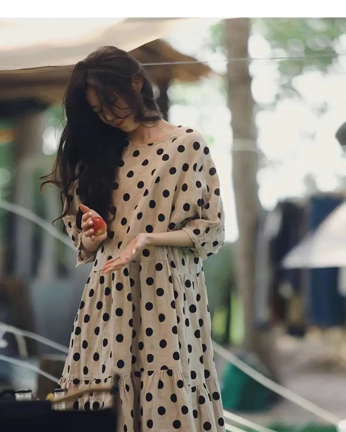 Fashion Retro Cotton and Linen Polka Dot Dress for Women Loose Slim Puff Sleeve Linen Doll Skirt