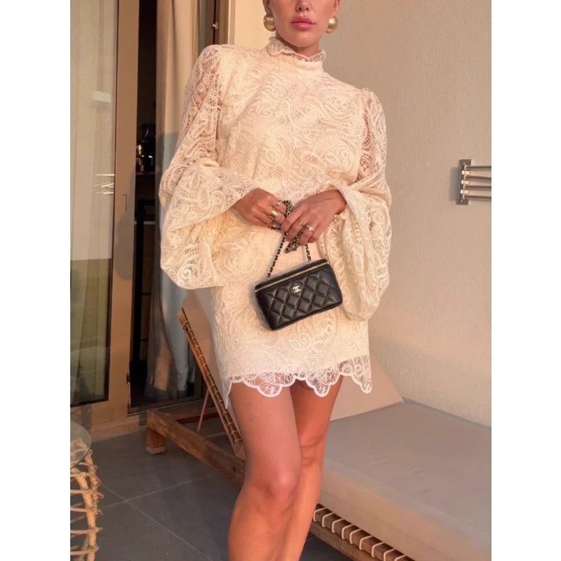 Spring 2026 Women's Lace Hollow out Mini Dress Two-Piece Set with Elegant Long Sleeve High Neck Design Chic Club Night Outfit