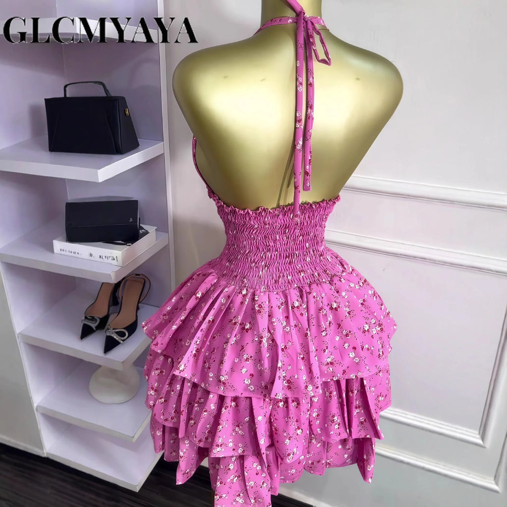 CM.YAYA Women Floral Printed Halter Ruffles Midi A-line Tiered Mini Dress Fall Vacation Elegant Evening Birthday Party Dresses