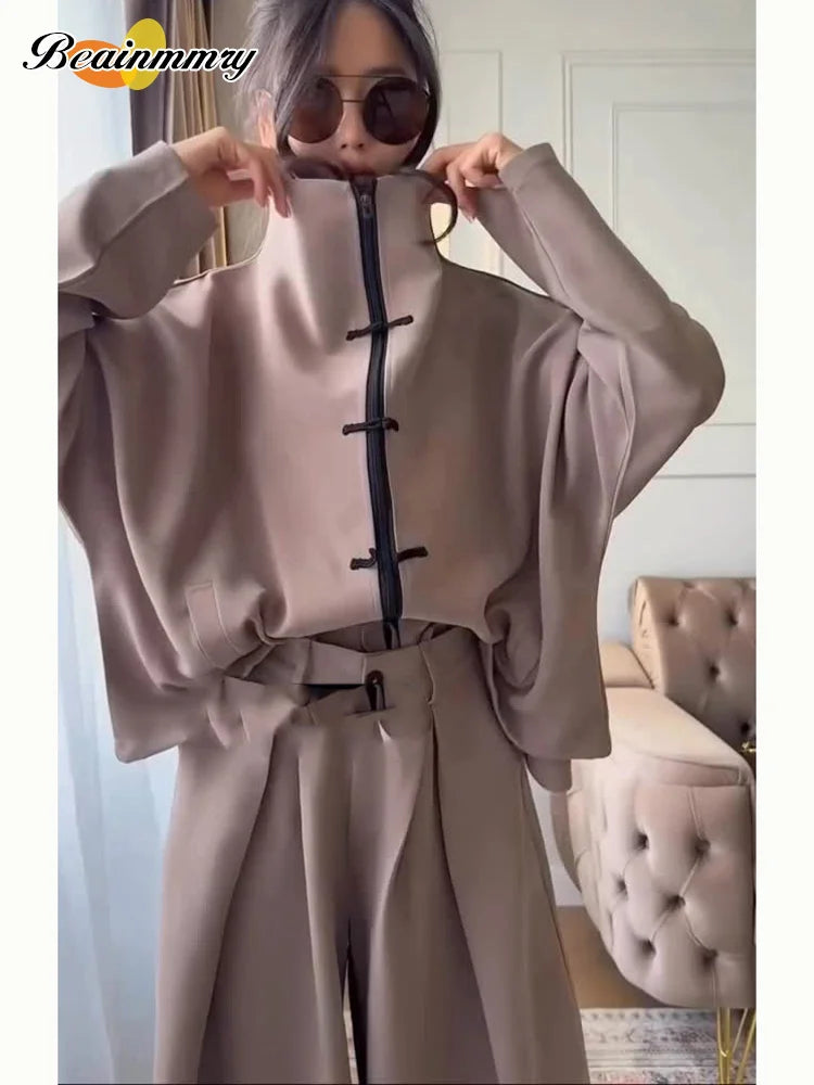 Coffee Tang Suit Two Piece Set Mandarin Collar Frog Button Top Wide Leg Cropped Pants Sets Lady Chic Retro Oriental Daily Wear