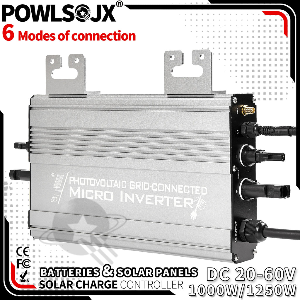 POWLSOJX Dual Input Solar Inverter 1000W/1250W - PV + Battery, 180-265V Grid-Connected with Zero Export, Smart App Control