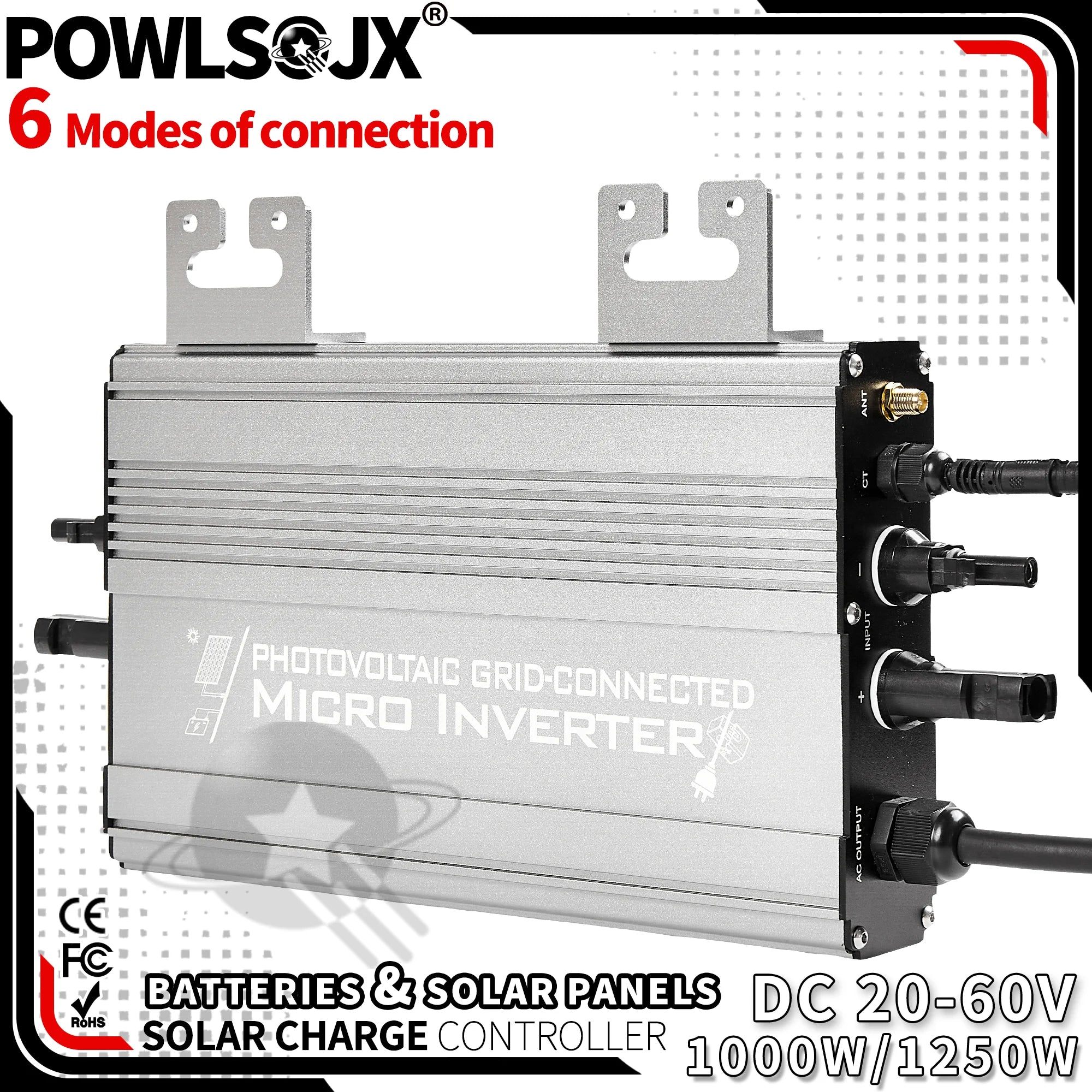 POWLSOJX Dual Input Solar Inverter 1000W/1250W - PV + Battery, 180-265V Grid-Connected with Zero Export, Smart App Control
