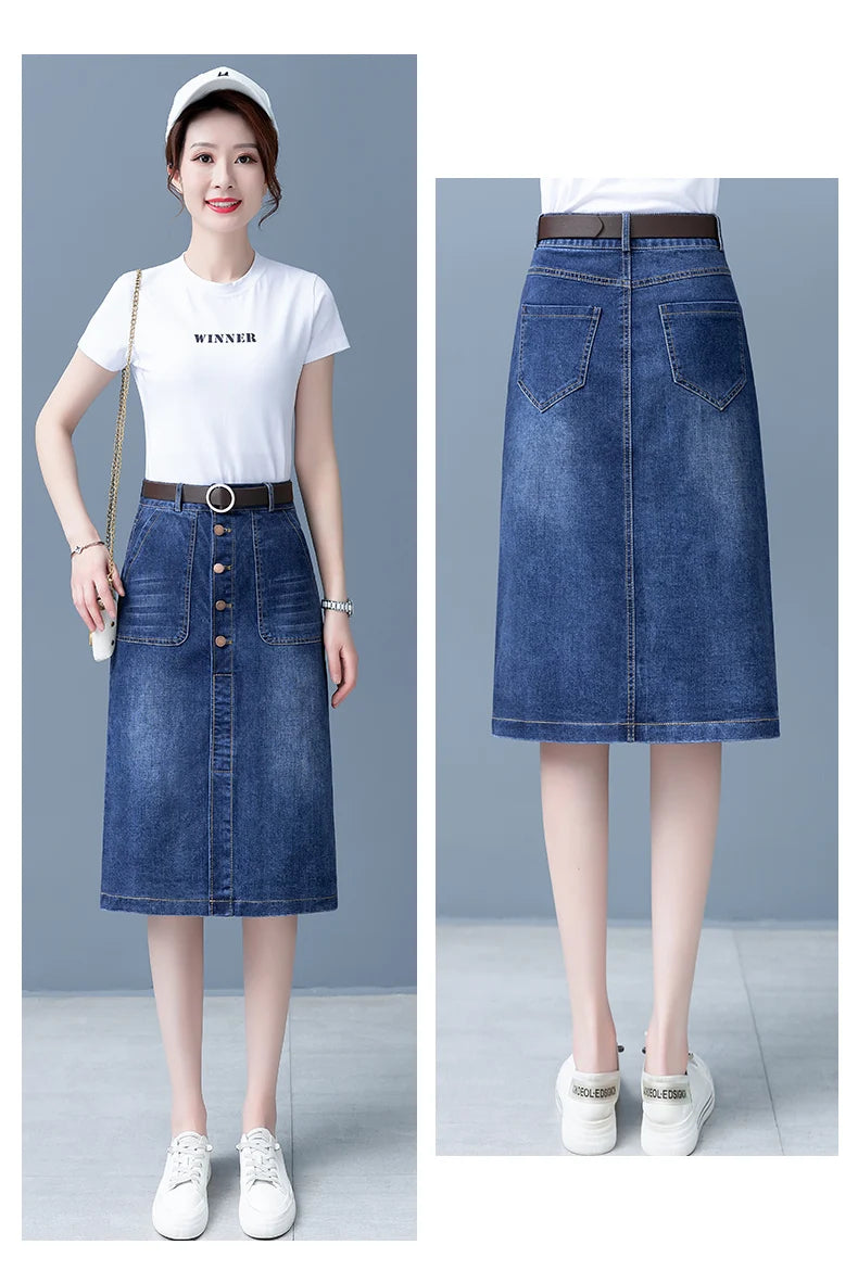 High Waist A-Line Midi Skirt for Women Spring 2023 Denim Split Long Dress Korean Style Commute Pure Color Long Skirt