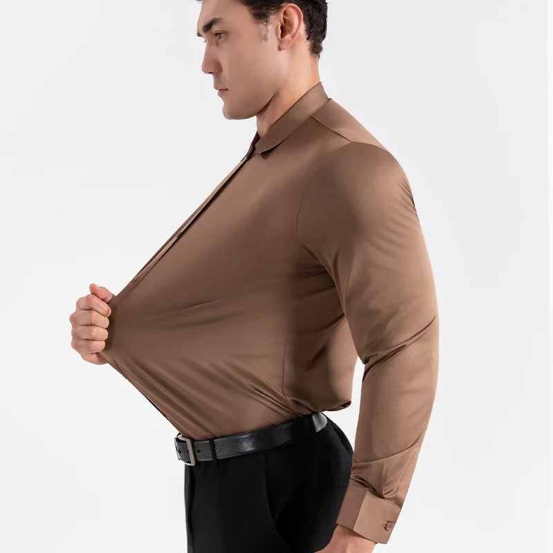 High Elastic Seamless Shirts Men Long Sleeve Muscle Sports Shirt European Size No Ironing Business Professional Workwear Causal