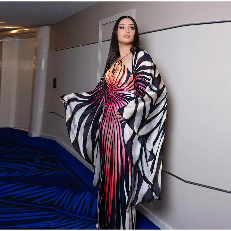 Sexy Printed Women's Dress Wide Sleeve Backless Waist-Closed Hip Package Lady Long Dresses 2026 Summer Autumn Chic Female Robe