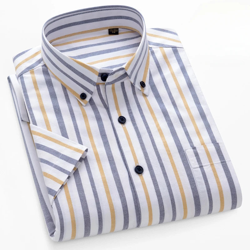 New In Shirt Summer 100%Cotton Short Sleeve Shirts for Men Slim Fit Formal Plain Shirt Designer Plaid Korean Popular Clothes