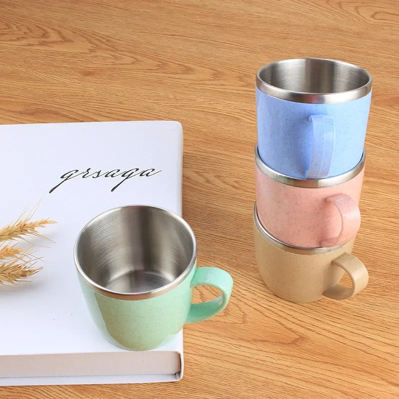 Double Layer Stainless Steel Water Cup Anti-scalding Coffee Milk Mug Tea Drinks Water Cups with Plastic Handle Office Tumbler