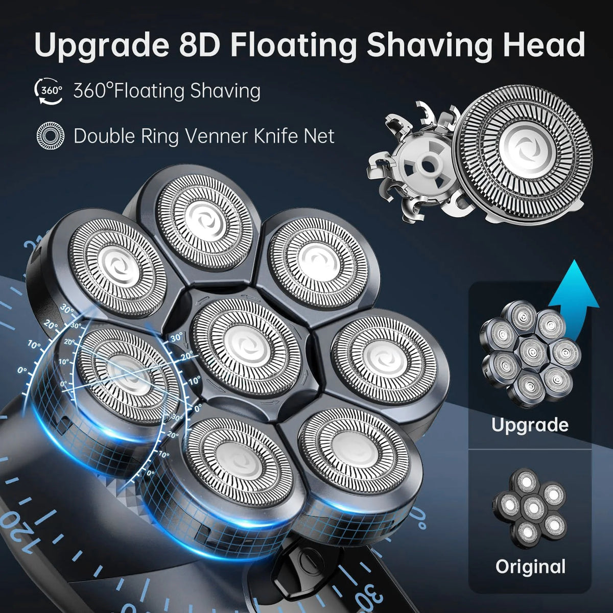 6-In-1 Electric Head Shaver for Bald Men 7 Blades Floating Razor Hair Trimmer USB Recharge LED Display Beard Shavers Waterproof