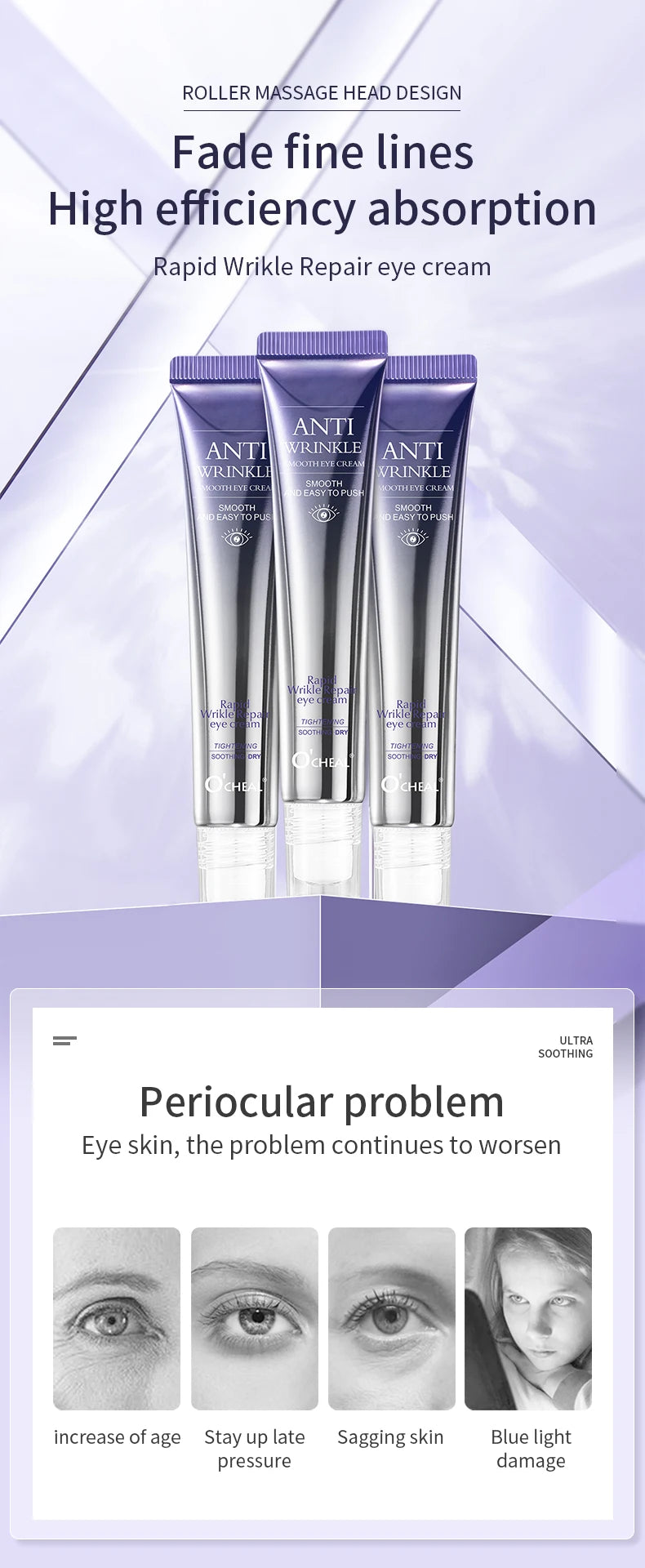 O'CHEAL 2Pcs Rollerball Massager Moisturizing Eye Cream Anti Dark Circle Firming Eye Cream Serum Hyaluronic Acid Eye Skin Care