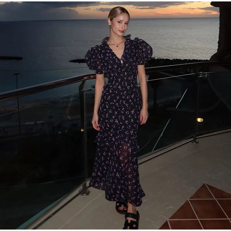 Elegant Printed Lace Trim V-Neck Dress Women Puff Sleeve Ruffled Hem Slit Maxi Dresses 2026 Summer New Lady Fashion Evening Wear