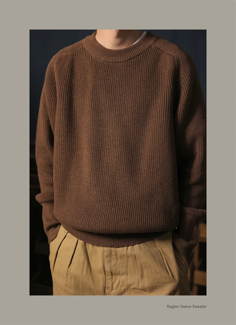 Classic Raglan Sleeve Crewneck Sweater Vintage Style Men's Wool Blend Knitted Pullover Jumper Thick