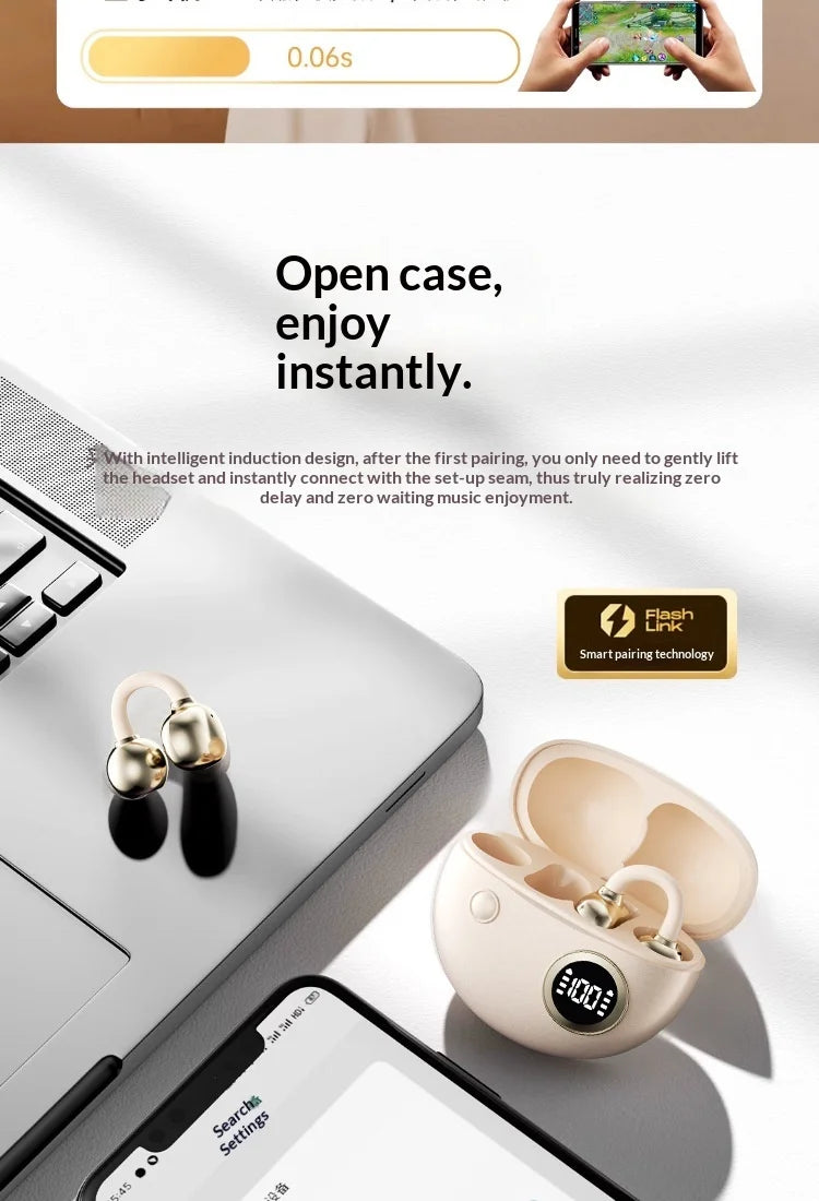 Portable Clip-on Earphones Wireless Bluetooth 5.3 Earbuds Hi-Fi Sound Super Long Battery Life Digital Display Noise Reduction