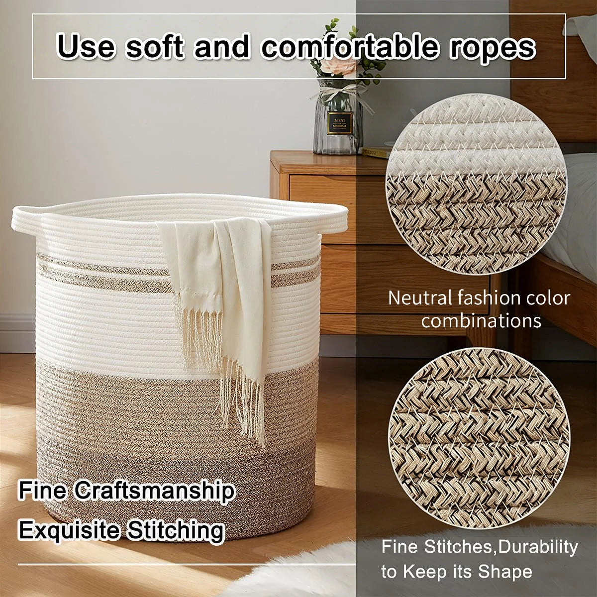 Laundry Basket with Handles - Large Woven Storage Hamper for Clothes, Blankets & Pillows, Neutral Decorative Organizer for Gift