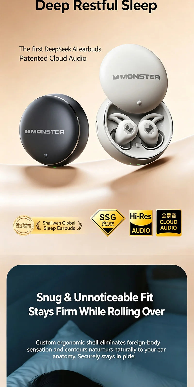 MONSTER GT31 Bluetooth Earphones Wireless Zero-Pressure Earbuds Noise Cancelling Sleep Aid Headphone HiFi Stereo Sound