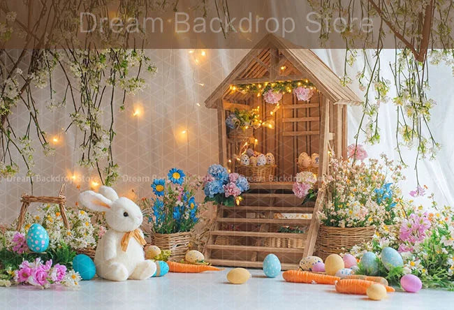 Spring Easter Background Photography Cute Rabbit Carrot Bunny Egg House Backdrop Decor for Kids Birthday Cake Smash Photo Studio