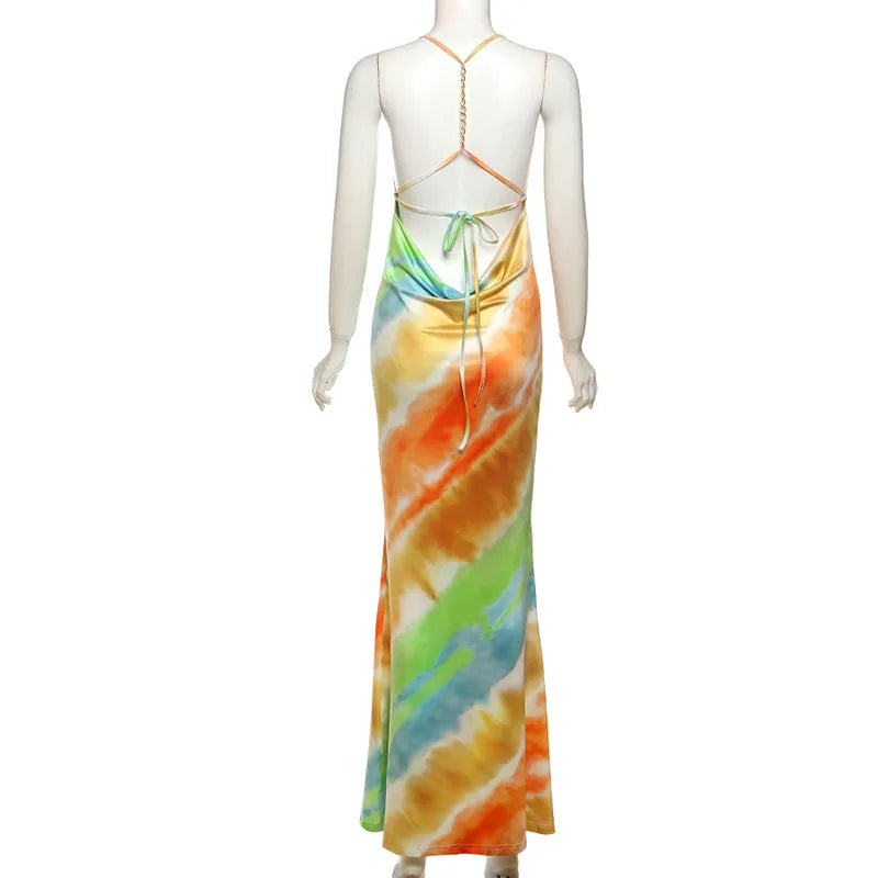 SKMY Summer Women's New Fashionable Streetwear Sexy Low Cut Slim Fit Halter Neck Backless Dress Printed Party Long Dresses