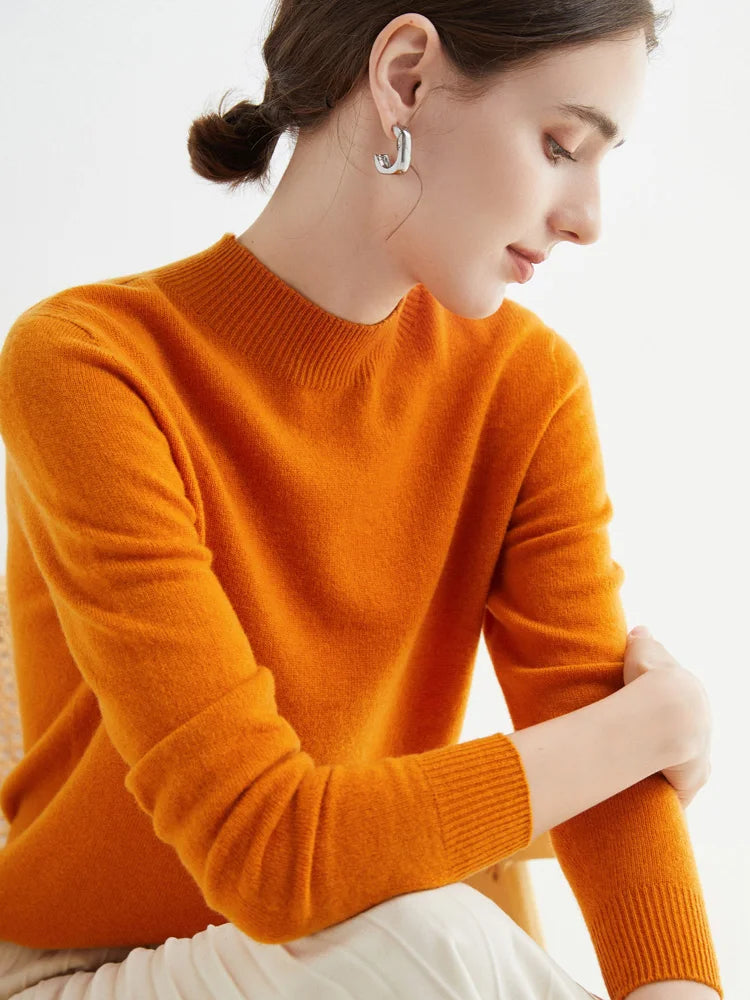 First-Line Seamless Women's Half-Turtleneck 100% Pure Wool Sweater Solid Color Long Sleeve Pullover Knitted Bottoming Sweater