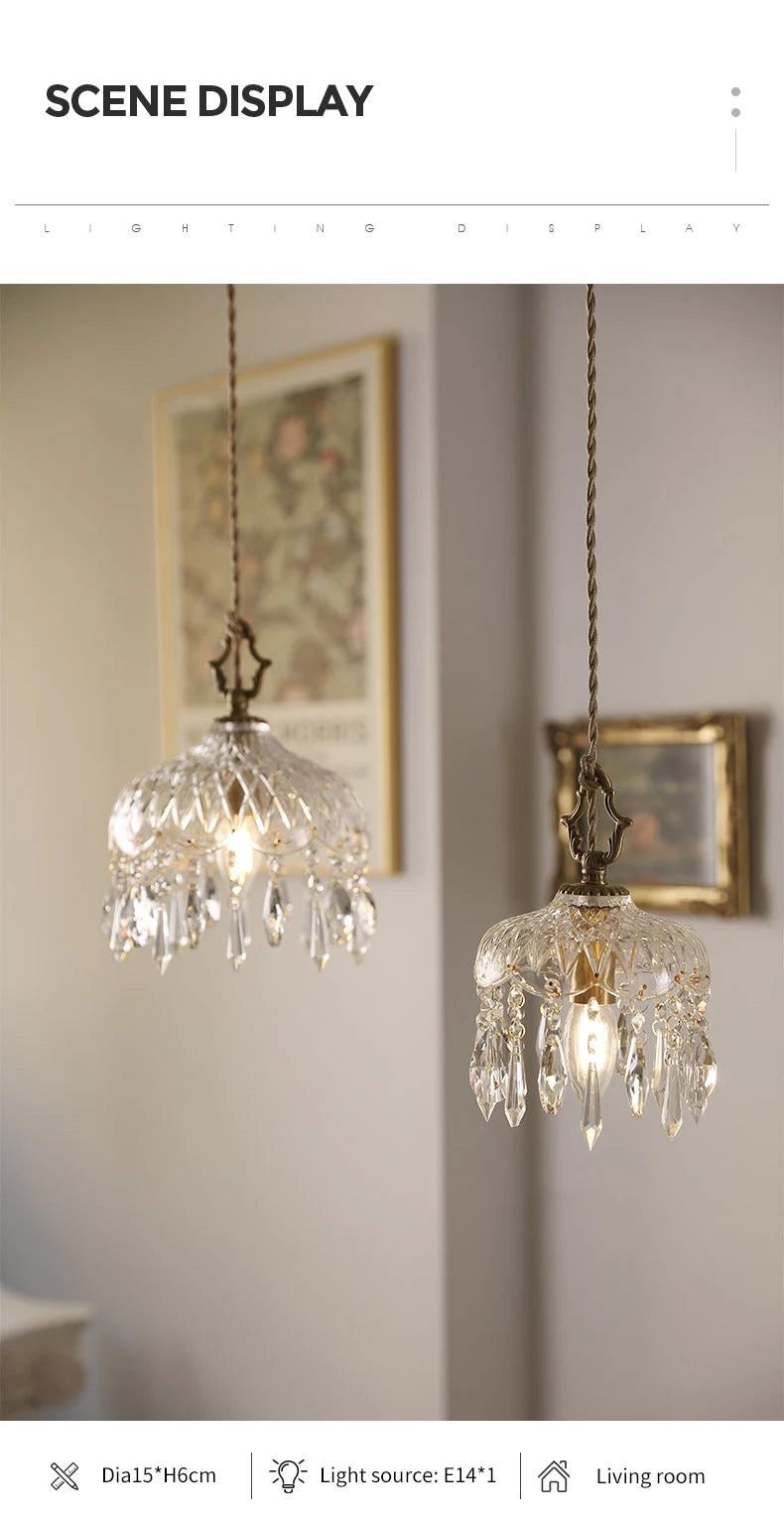 YEBMLP French Retro Glass Hanging Light Indoor LED Luxury Art Chandelier Bedroom Bar Restaurant Table Pendant Lamp With E14 Bulb