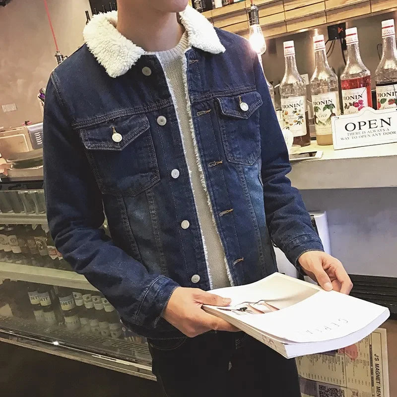 Mens Winter Fleece Denim Jacket Thick Warm Lambswool Loose Plus Size Cotton Trendy Casual Outerwear Coat