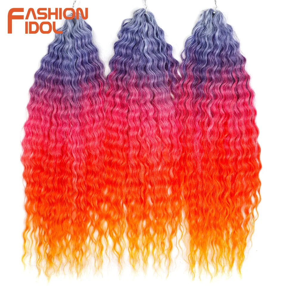 FASHION IDOL 24 Inch Ariel Hair Synthetic Crochet Curly Hair Water Wave Braid Hair Ombre Pink Deep Wave Braiding Hair Extensions