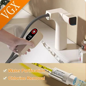 VGX Multifunctional Bathroom Faucets Pull Out Basin Mixer Sink Faucet Gourmet LED Temperature Tap 360° Tapware Crane Brass White