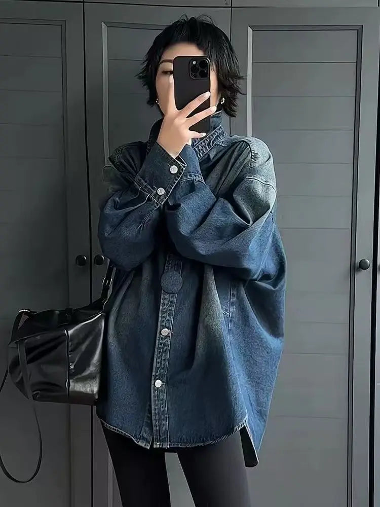 Autumn/Spring Button-down Long Sleeve Loose Fit Medium Jeans Top Casual Oversize Street Chic Washed Denim Shirt