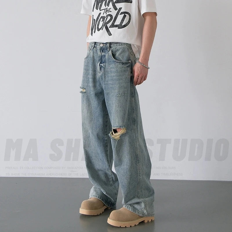 2026 Spring Summer New Men Baggy Ripped Straight Leg Wide Leg Jeans American Style Vintage Trend Male Versatile Denim Trousers