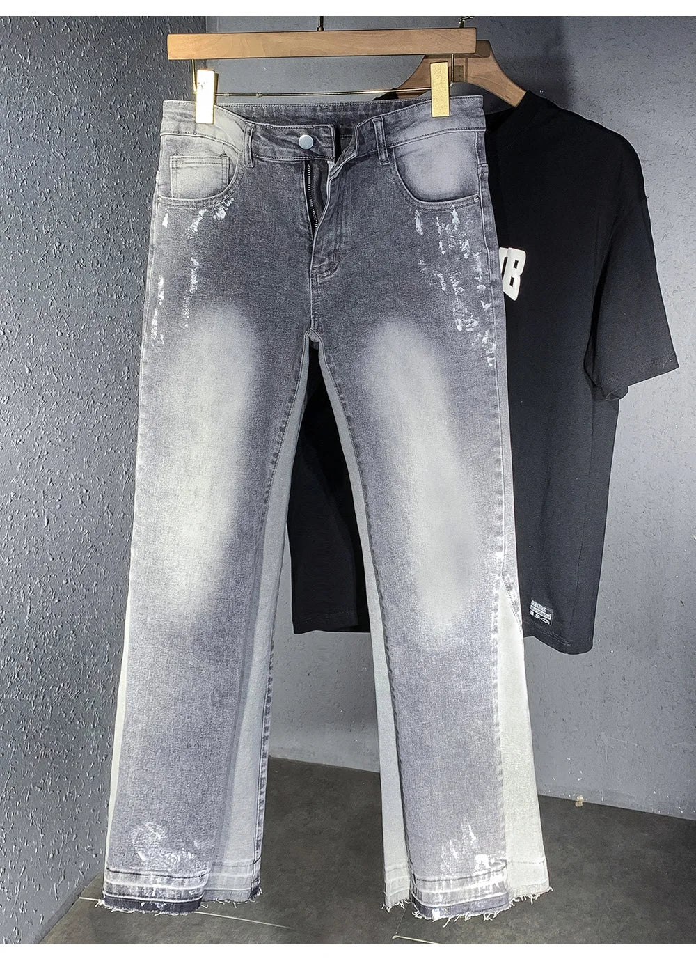 Men Painted Flared Denim Jeans Spliced Slim Boot Cut Pants Vintage Grey Cotton Released Hem Trousers